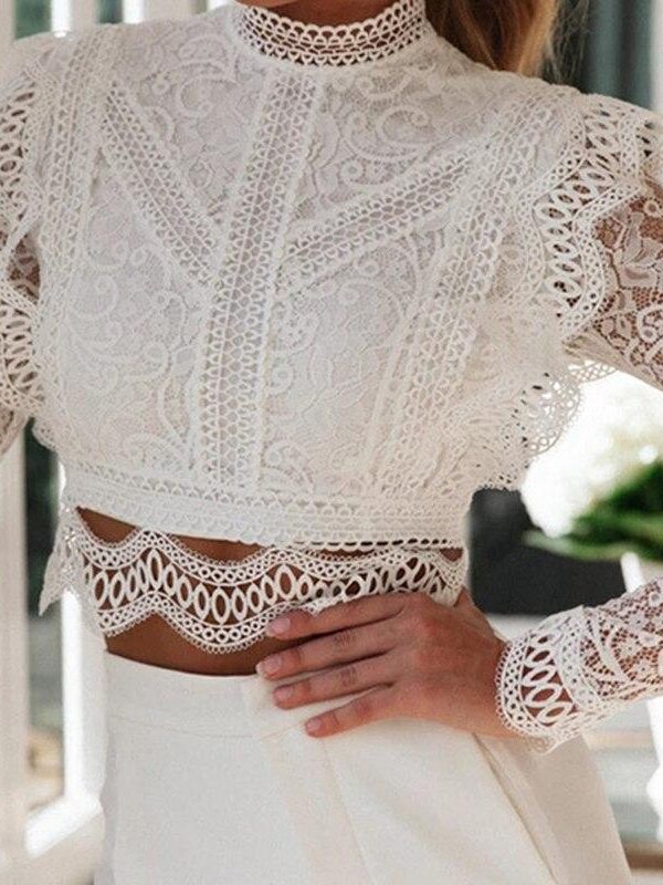 Hollow out lace t shirt women Floral crochet long sleeve tshirt Wide side white crop tops blusas mujer - Takalr