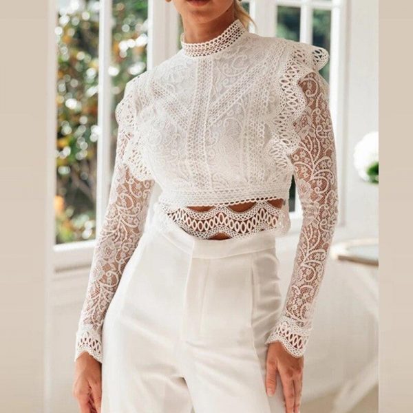 Hollow out lace t shirt women Floral crochet long sleeve tshirt Wide side white crop tops blusas mujer - Takalr