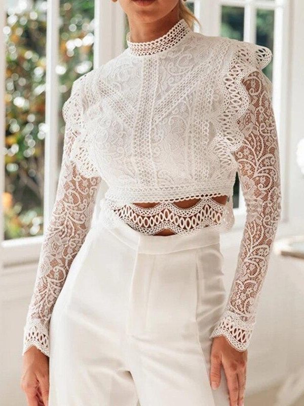 Hollow out lace t shirt women Floral crochet long sleeve tshirt Wide side white crop tops blusas mujer - Takalr