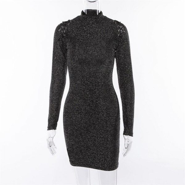 Hollow out shoulder long sleeve dress women Slim fit glitter bodycon dress Autumn turtleneck dresses Elegant black vestido mujer - Takalr