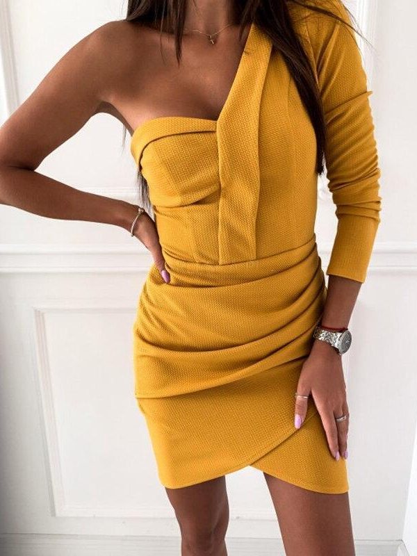 Irregular Ruched Design Long Sleeve Dress Women Slim Fit One Off Shoulder Dresses Night Club Party Dress Solid Bodycon Robe - Takalr