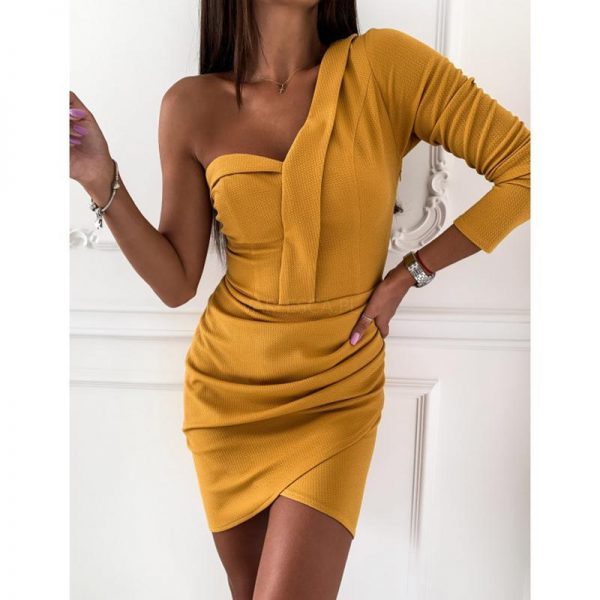 Irregular Ruched Design Long Sleeve Dress Women Slim Fit One Off Shoulder Dresses Night Club Party Dress Solid Bodycon Robe - Takalr