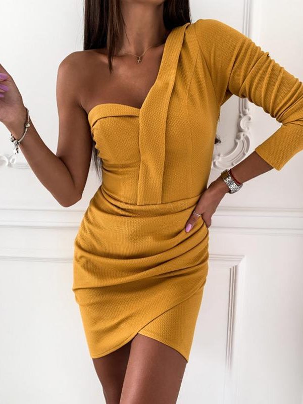 Irregular Ruched Design Long Sleeve Dress Women Slim Fit One Off Shoulder Dresses Night Club Party Dress Solid Bodycon Robe - Takalr