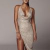 Irregular Slit Sexy Sequin Dress Women Spaghetti Strap Open Bacn Criss Cross Chain Party Dress Club Wear Sequined Dresses - Takalr