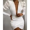 Irregular Solid White Long Sleeve Women Dress V Neck Puff Sleeve Party Dress Elegant Ladies Formal Workwear Vestidos Mujer - Takalr