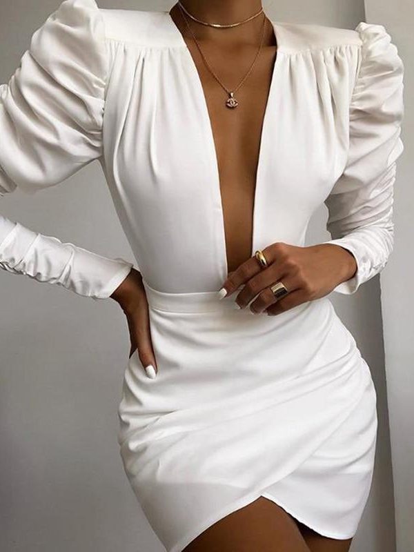 Irregular Solid White Long Sleeve Women Dress V Neck Puff Sleeve Party Dress Elegant Ladies Formal Workwear Vestidos Mujer - Takalr