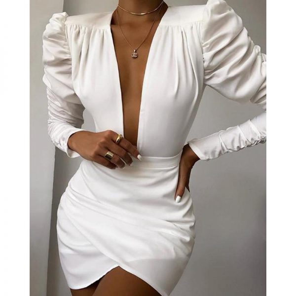 Irregular Solid White Long Sleeve Women Dress V Neck Puff Sleeve Party Dress Elegant Ladies Formal Workwear Vestidos Mujer - Takalr