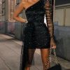 Irregular Women Black Dress Glitter One Shoulder Sheer Mesh Ruched Party Dress - Takalr