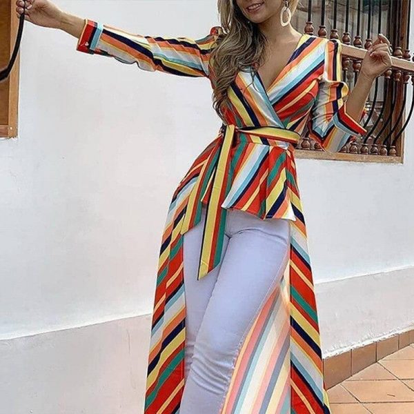 Irregular hem colorful striped print blouse shirt women Elegant sashes long blouse office ladies party tops Summer blusas - Takalr