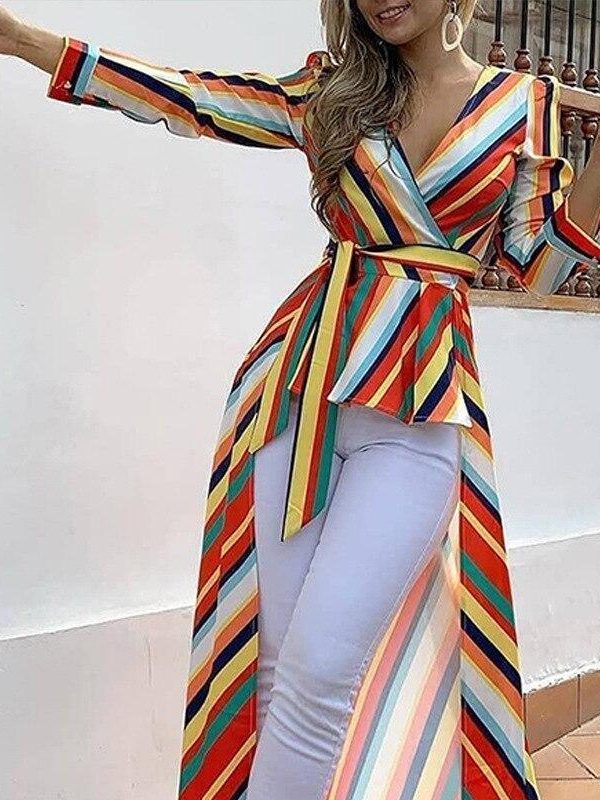 Irregular hem colorful striped print blouse shirt women Elegant sashes long blouse office ladies party tops Summer blusas - Takalr