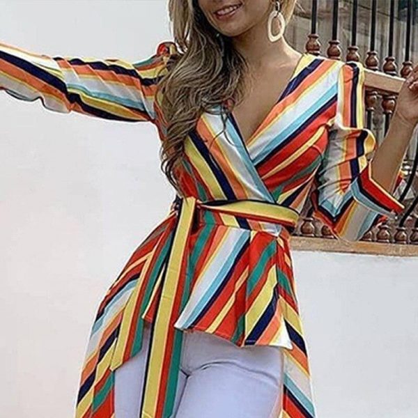 Irregular hem colorful striped print blouse shirt women Elegant sashes long blouse office ladies party tops Summer blusas - Takalr