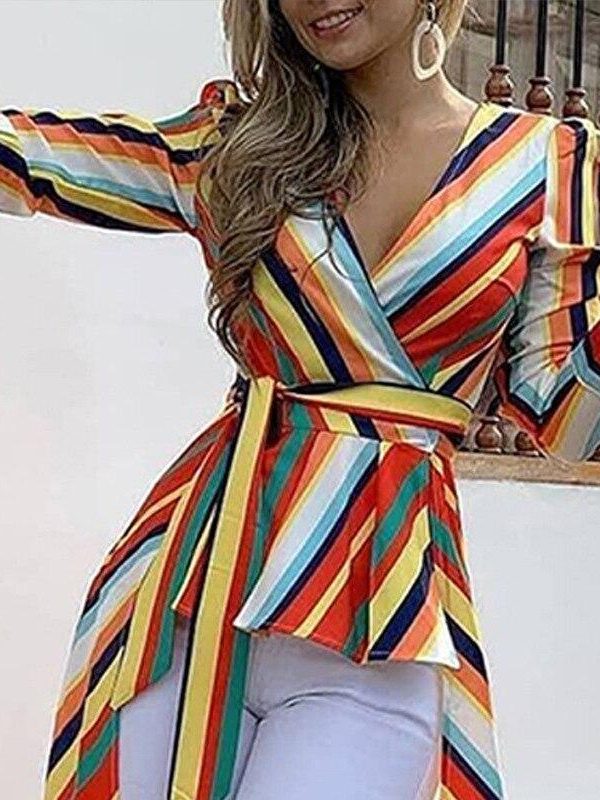 Irregular hem colorful striped print blouse shirt women Elegant sashes long blouse office ladies party tops Summer blusas - Takalr