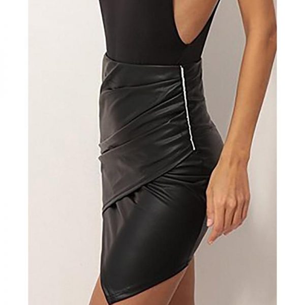 Irregular pu leather skirt women Solid ruched design side zip summer skirt night club mini high waist skirts saias - Takalr