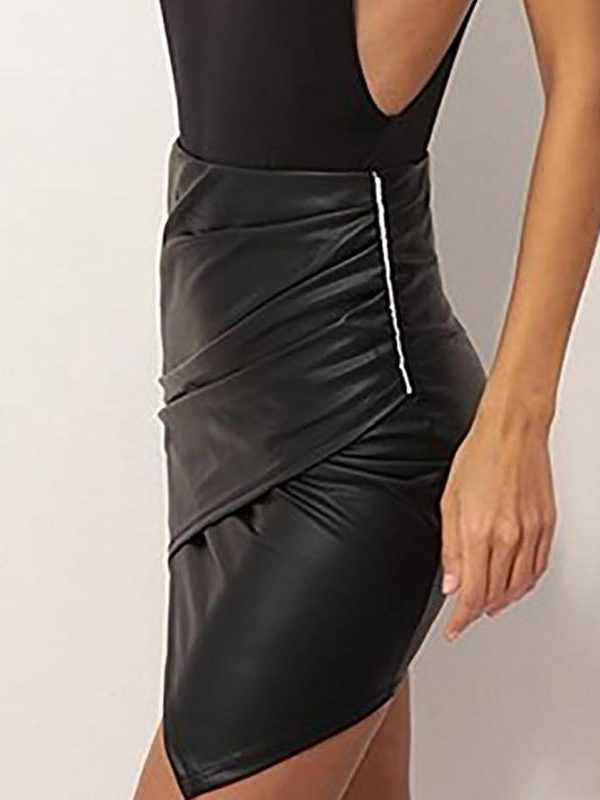 Irregular pu leather skirt women Solid ruched design side zip summer skirt night club mini high waist skirts saias - Takalr