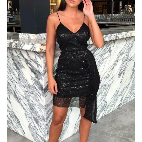 Irregular slim strap sequined dress women strapless cut out bodycon dress clubwear summer  mini sequins vestidos mujer - Takalr