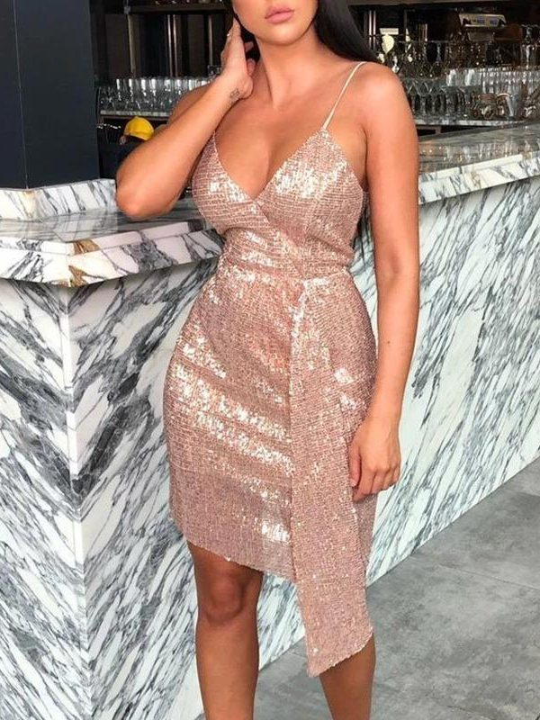 Irregular slim strap sequined dress women strapless cut out bodycon dress clubwear summer  mini sequins vestidos mujer - Takalr