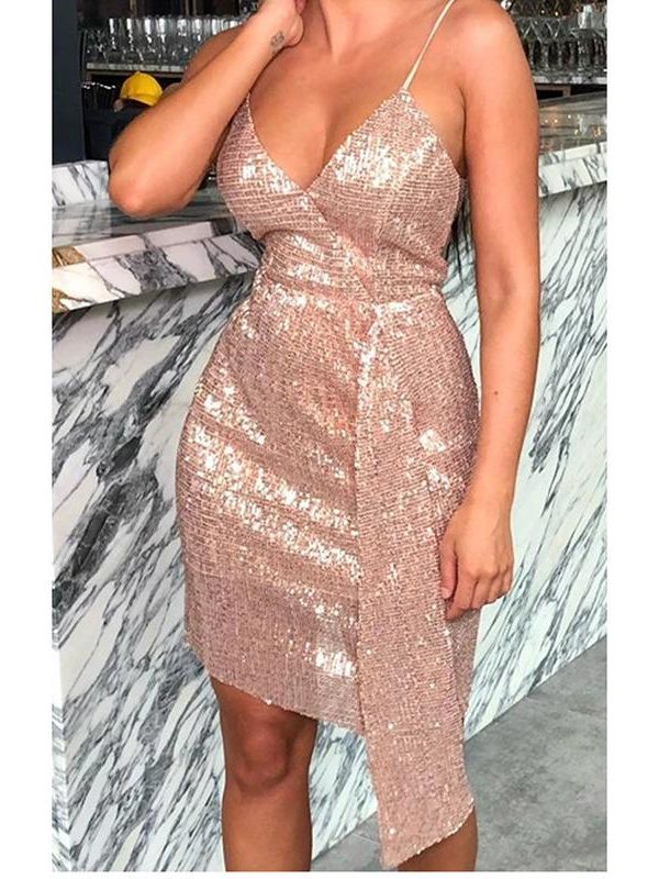 Irregular slim strap sequined dress women strapless cut out bodycon dress clubwear summer  mini sequins vestidos mujer - Takalr