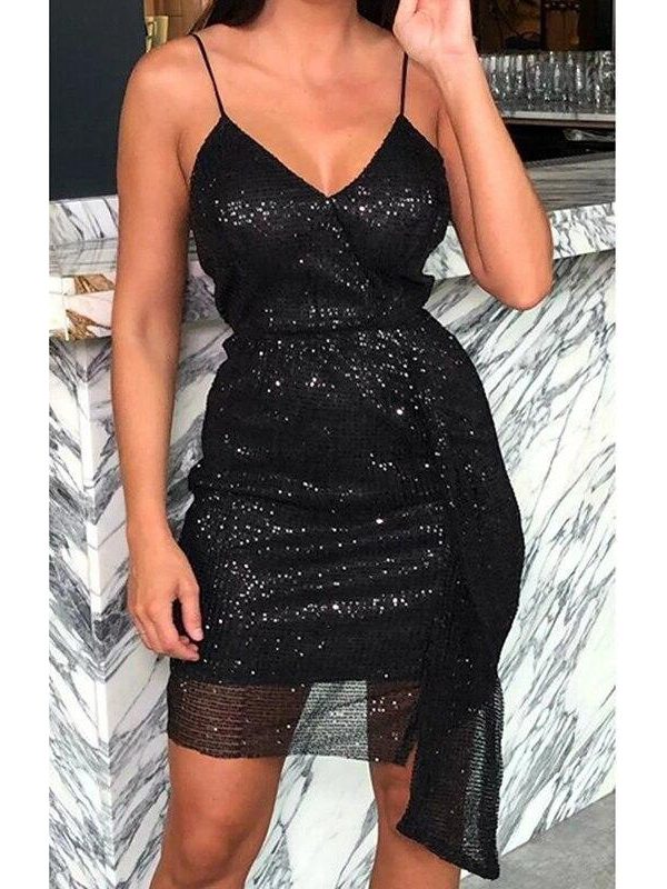 Irregular slim strap sequined dress women strapless cut out bodycon dress clubwear summer  mini sequins vestidos mujer - Takalr