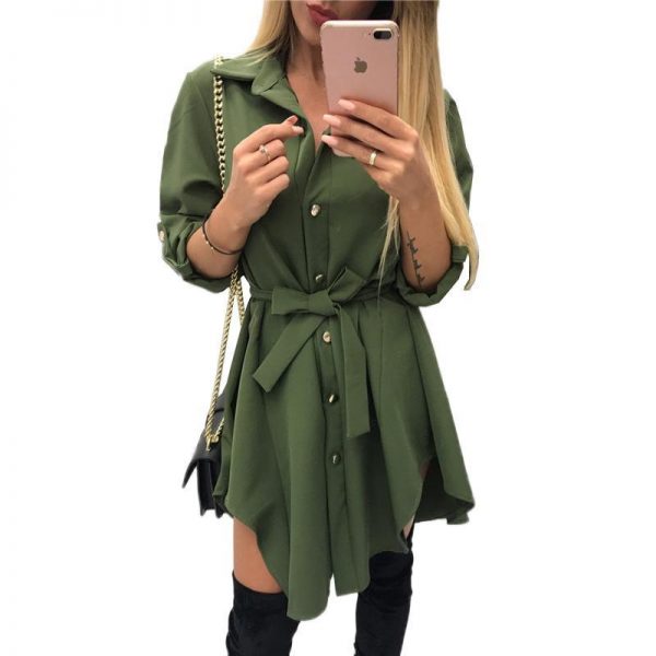 Irregular tie waist shirt dress Women Spring 2018 wrap dress Long sleeve turn down collar Army green red short mini sundresses - Takalr