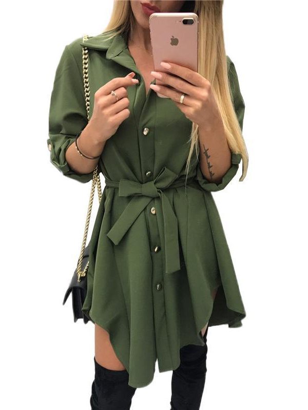 Irregular tie waist shirt dress Women Spring 2018 wrap dress Long sleeve turn down collar Army green red short mini sundresses - Takalr