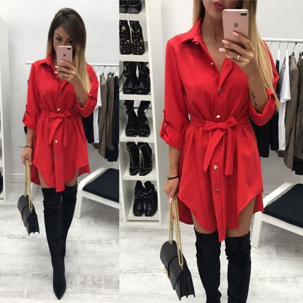 Irregular tie waist shirt dress Women Spring 2018 wrap dress Long sleeve turn down collar Army green red short mini sundresses - Takalr