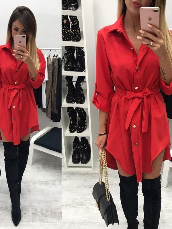 Irregular tie waist shirt dress Women Spring 2018 wrap dress Long sleeve turn down collar Army green red short mini sundresses - Takalr