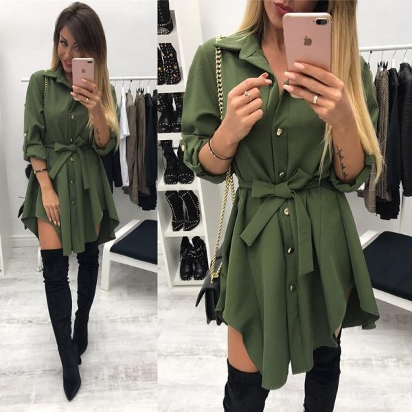 Irregular tie waist shirt dress Women Spring 2018 wrap dress Long sleeve turn down collar Army green red short mini sundresses - Takalr