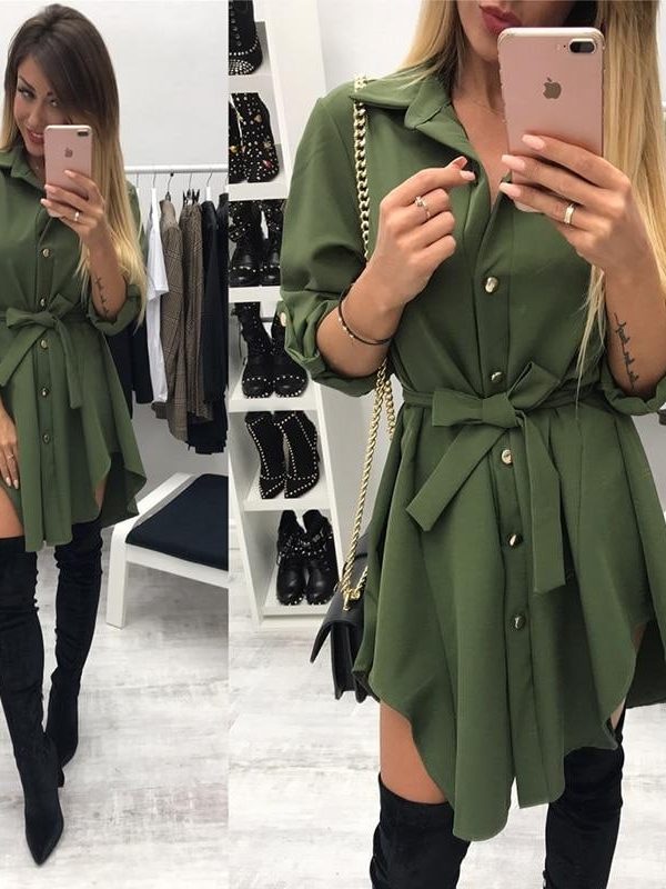 Irregular tie waist shirt dress Women Spring 2018 wrap dress Long sleeve turn down collar Army green red short mini sundresses - Takalr