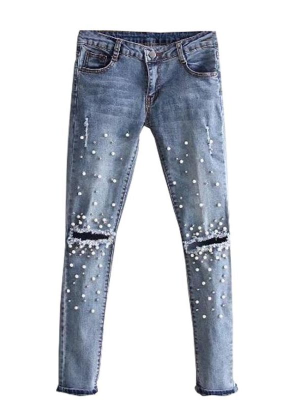 Jeans for women Ripped Hole Stretch denim pants Beads Pearl skinny pencil pants casual Rivet slim Trousers Mid Waist Cowboy - Takalr