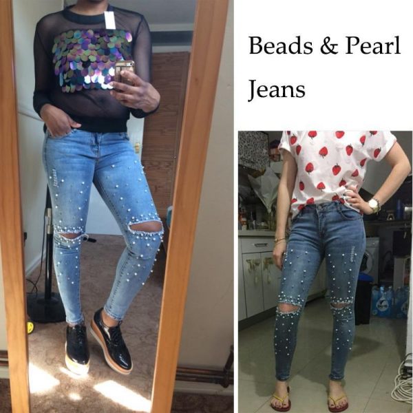 Jeans for women Ripped Hole Stretch denim pants Beads Pearl skinny pencil pants casual Rivet slim Trousers Mid Waist Cowboy - Takalr