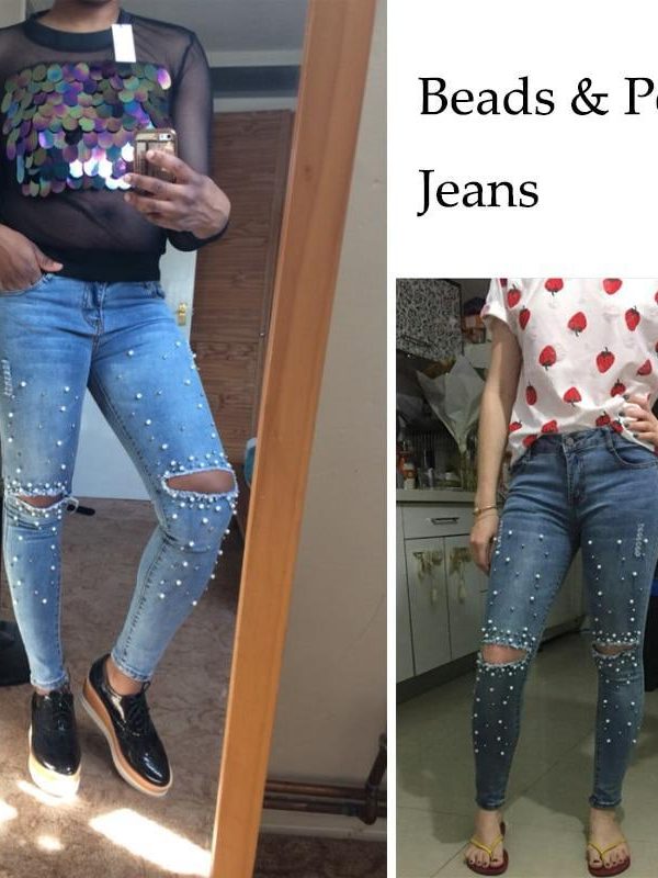 Jeans for women Ripped Hole Stretch denim pants Beads Pearl skinny pencil pants casual Rivet slim Trousers Mid Waist Cowboy - Takalr