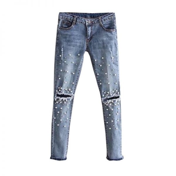 Jeans for women Ripped Hole Stretch denim pants Beads Pearl skinny pencil pants casual Rivet slim Trousers Mid Waist Cowboy - Takalr