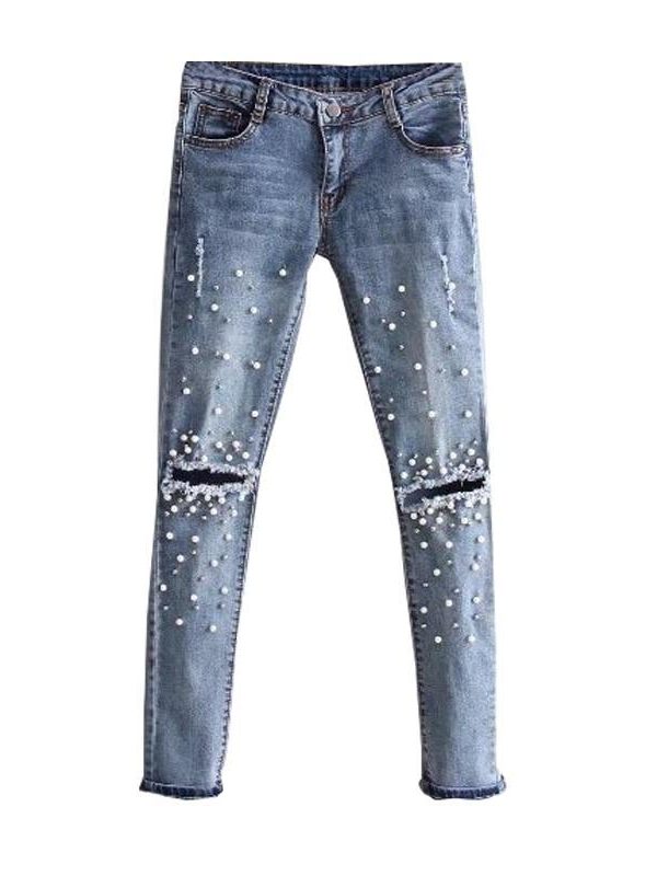 Jeans for women Ripped Hole Stretch denim pants Beads Pearl skinny pencil pants casual Rivet slim Trousers Mid Waist Cowboy - Takalr