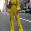 Jumpsuit Women Elegant Fashion Slim Fit Yellow Solid Skinny Casual Overalls Office Work Lantern Sleeve Mock Neck Jumpsuits - Takalr