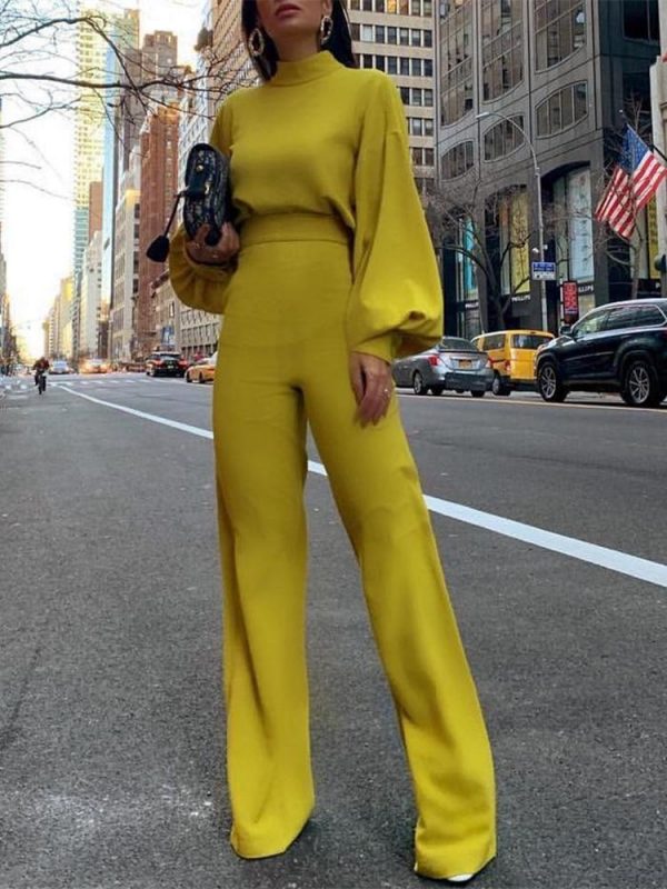 Jumpsuit Women Elegant Fashion Slim Fit Yellow Solid Skinny Casual Overalls Office Work Lantern Sleeve Mock Neck Jumpsuits - Takalr