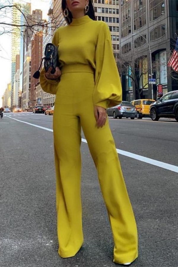 Jumpsuit Women Elegant Fashion Slim Fit Yellow Solid Skinny Casual Overalls Office Work Lantern Sleeve Mock Neck Jumpsuits - Takalr