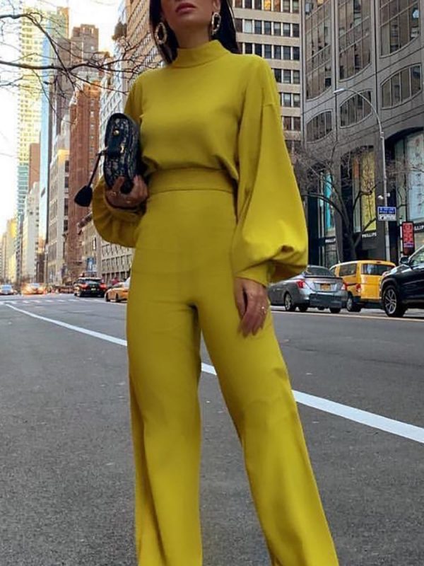 Jumpsuit Women Elegant Fashion Slim Fit Yellow Solid Skinny Casual Overalls Office Work Lantern Sleeve Mock Neck Jumpsuits - Takalr