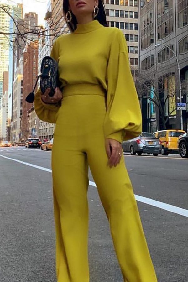 Jumpsuit Women Elegant Fashion Slim Fit Yellow Solid Skinny Casual Overalls Office Work Lantern Sleeve Mock Neck Jumpsuits - Takalr