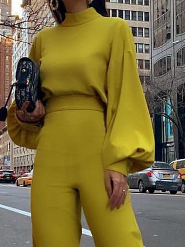 Jumpsuit Women Elegant Fashion Slim Fit Yellow Solid Skinny Casual Overalls Office Work Lantern Sleeve Mock Neck Jumpsuits - Takalr