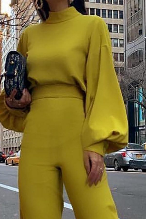 Jumpsuit Women Elegant Fashion Slim Fit Yellow Solid Skinny Casual Overalls Office Work Lantern Sleeve Mock Neck Jumpsuits - Takalr