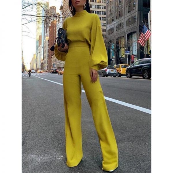 Jumpsuit Women Elegant Fashion Slim Fit Yellow Solid Skinny Casual Overalls Office Work Lantern Sleeve Mock Neck Jumpsuits - Takalr