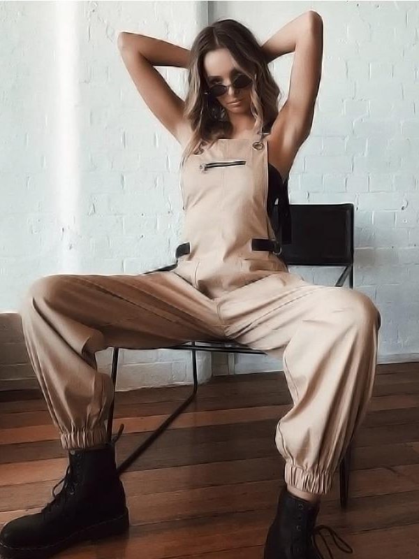 Khaki high waist cargo pants overalls female Summer casual sleeveless jumpsuits for women Fashion street jumpsuit romper - Takalr