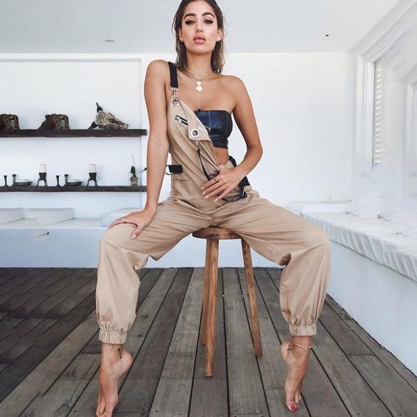 Khaki high waist cargo pants overalls female Summer casual sleeveless jumpsuits for women Fashion street jumpsuit romper - Takalr