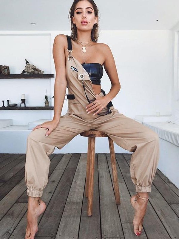 Khaki high waist cargo pants overalls female Summer casual sleeveless jumpsuits for women Fashion street jumpsuit romper - Takalr