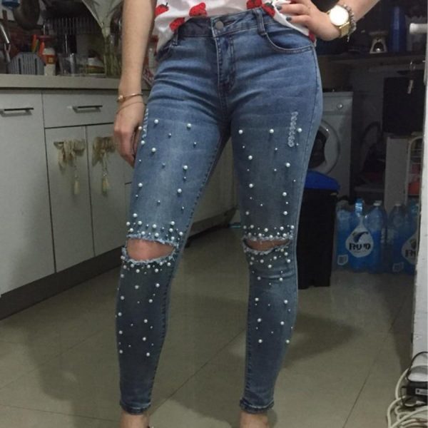 Knee Hole Ripped Jeans Women Stretch Denim Pencil Pants Casual Slim Fit Rivet Pearl Jeans Summer Long Trousers Low Waist Cowboy - Takalr