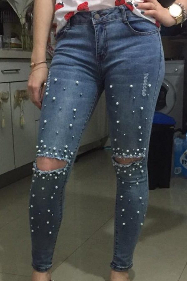 Knee Hole Ripped Jeans Women Stretch Denim Pencil Pants Casual Slim Fit Rivet Pearl Jeans Summer Long Trousers Low Waist Cowboy - Takalr