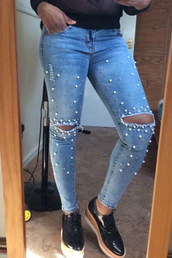 Knee Hole Ripped Jeans Women Stretch Denim Pencil Pants Casual Slim Fit Rivet Pearl Jeans Summer Long Trousers Low Waist Cowboy - Takalr