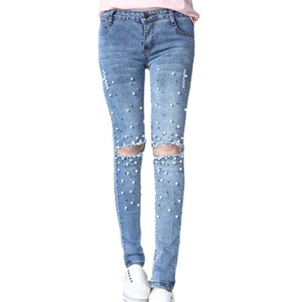 Knee Hole Ripped Jeans Women Stretch Denim Pencil Pants Casual Slim Fit Rivet Pearl Jeans Summer Long Trousers Low Waist Cowboy - Takalr