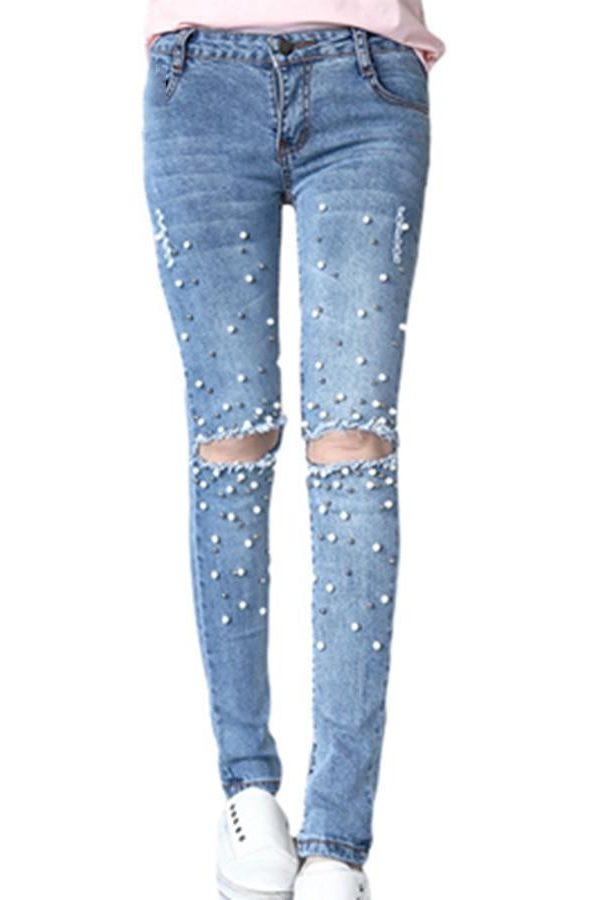 Knee Hole Ripped Jeans Women Stretch Denim Pencil Pants Casual Slim Fit Rivet Pearl Jeans Summer Long Trousers Low Waist Cowboy - Takalr