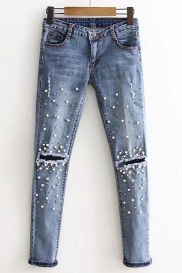 Knee Hole Ripped Jeans Women Stretch Denim Pencil Pants Casual Slim Fit Rivet Pearl Jeans Summer Long Trousers Low Waist Cowboy - Takalr